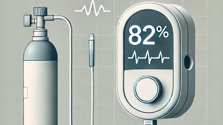 DALL·E 2024-12-23 07.59.40 - A minimalistic feature image showing a digital pulse oximeter with a low oxygen saturation reading (e.g., 82%) next to an oxygen cylinder or nasal can